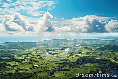 Ireland landscape. Sown fields by agriculturalists. Aerial drone view. Generative AI Art. Beautiful view Stock Photo