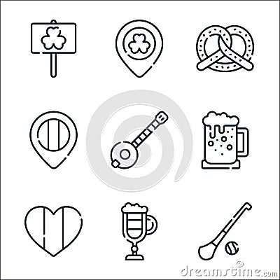 ireland line icons. linear set. quality vector line set such as hurling, irish coffee, heart, beer, banjo, map placeholder, Vector Illustration