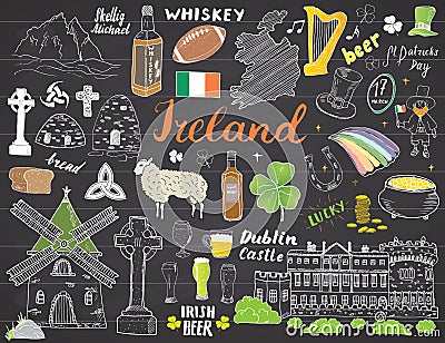 Ireland Sketch Doodles. Hand Drawn Irish Elements Set with flag and map of Ireland, Celtic Cross, Castle, Shamrock, Celtic Harp, M Vector Illustration