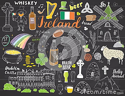 Ireland Sketch Doodles. Hand Drawn Irish Elements Set with flag and map of Ireland, Celtic Cross, Castle, Shamrock, Celtic Harp, M Vector Illustration