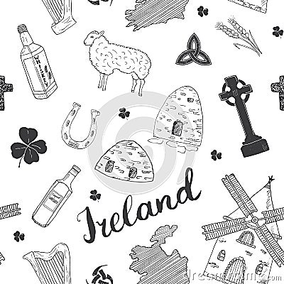Ireland Sketch Doodles Seamless Pattern. Irish Elements with flag and map of Ireland, Celtic Cross, Castle, Shamrock, Celtic Harp, Vector Illustration