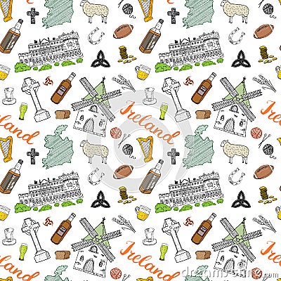 Ireland Sketch Doodles Seamless Pattern. Irish Elements Vector Illustration