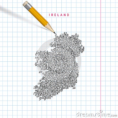 Ireland sketch scribble vector map drawn on checkered school notebook paper background Stock Photo