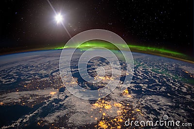 Ireland, United Kingdom and Scandinavia on a moonlit night under an amazing aurora. Stock Photo