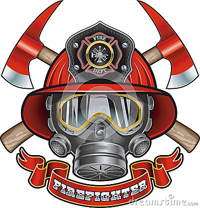 Ireman helmet, gas mask, crossed axes and text firefighter Vector Illustration