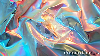 Iridescent Crinkled Fabric with smooth waves. Soft pastel teal, gold, blue background. AI Generated Stock Photo