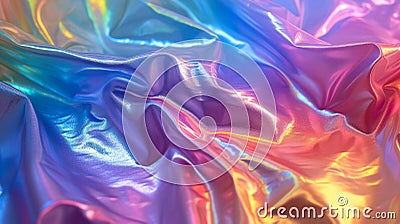Iridescent Crinkled Fabric with smooth texture. Holographic Rainbow colors background. AI Generated Stock Photo
