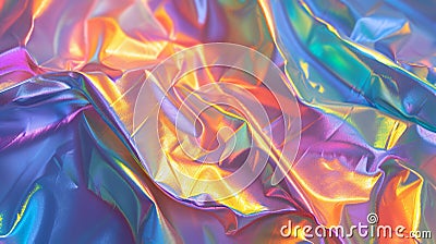 Iridescent Crinkled Fabric with smooth texture. Holographic Rainbow colors background. AI Generated Stock Photo