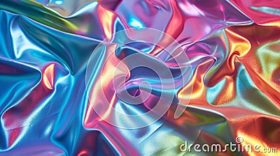 Iridescent Crinkled Fabric with smooth texture. Holographic Rainbow colors background. AI Generated Stock Photo