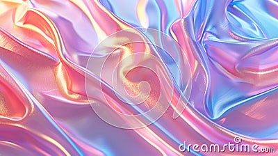 Iridescent Crinkled Fabric with smooth waves. Soft pastel pink, gold, blue background. AI Generated Stock Photo