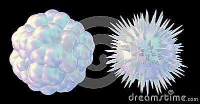Iridescent distorted sphere set isolated on black background. Futuristic modern design elements. 3D rendering. Stock Photo