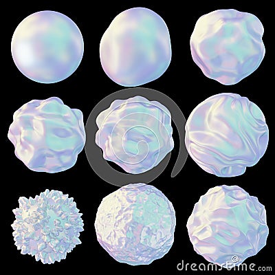 Iridescent distorted sphere set isolated on black background. Futuristic modern design elements. 3D rendering. Stock Photo