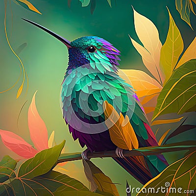 Bright illustration of a beautiful rainbow hummingbird among leaves. Stock Photo