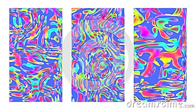 Iridescent psychedelic pattern background set. Versicolored templates, posters and cover designs. Vivid paint on canvas, full hd s Vector Illustration