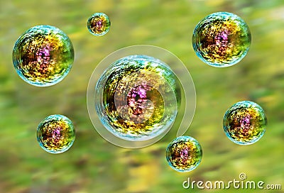 Iridescent soap bubble on green forest background Stock Photo