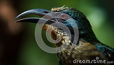 Iridescent starling perched on green branch generated by AI Stock Photo