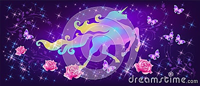 Iridescent unicorn with luxurious winding mane and butterflies against the background of the fantasy universe with sparkling stars Vector Illustration