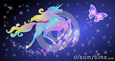 Iridescent unicorn with luxurious winding mane and butterfly against the background of the fantasy universe with sparkling stars Vector Illustration