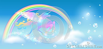 Iridescent Unicorn Pegasus and rainbow in blue sky against the background of the fantasy universe with clouds and sparkling stars Vector Illustration