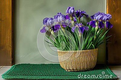 iris bouquet in a basket resting on a green door mat Stock Photo