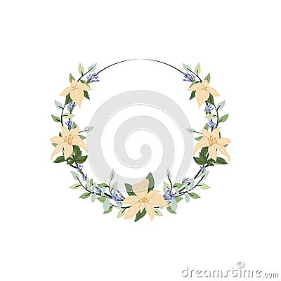 Iris and eucalyptus flower wreath. Green decorative ivy. Spring floral round frames. Creeper plant flat vector illustration Cartoon Illustration
