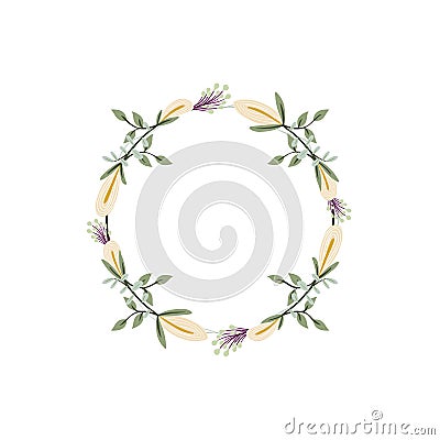 Iris, eucalyptus and snowberry flower wreath. Green decorative ivy. Spring floral round frames. Creeper plant flat vector Cartoon Illustration