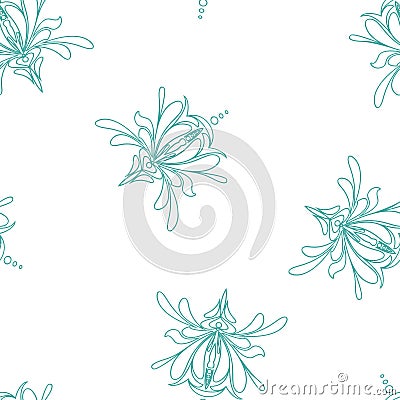 Iris flower. Linear seamless pattern on white background. Vector Illustration