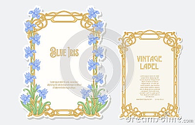 Iris flower. Set of 2 labels, decorative frames, borders. Vector Illustration