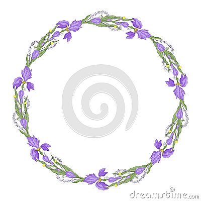 Iris flower wreath template. Vector hand drawn floral round frame isolated on white background Vector Illustration