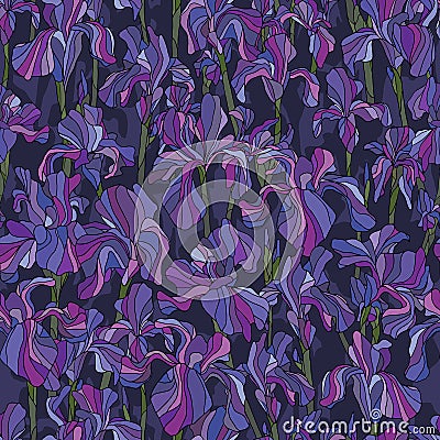 Iris flowers hand drawn vector seamless pattern. Nature petals background in modern style. Floral night texture for Vector Illustration