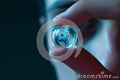 Iris recognition. Person holding contact lenses data visualization, information. AI generative Stock Photo