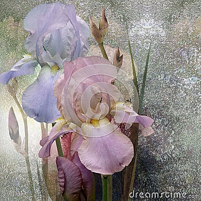 Irises bouquet stylized design on dark background Stock Photo