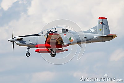 Irish Air Corps Pilatus PC-9M 260 trainer aircraft arrival for RIAT Royal International Air Tattoo 2018 airshow Editorial Stock Photo