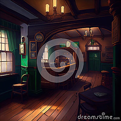 Irish Bar, Old Pub, Ireland Tourist Place, Vintage Europe Restaurant, Abstract Generative Ai Illustration Stock Photo