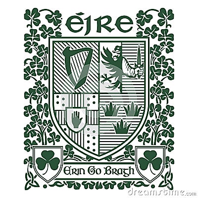 Irish Celtic design in vintage, retro style. Irish design with coat of arms of the provinces Connacht, Leinster, Munster Cartoon Illustration