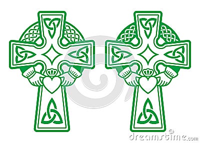 Irish Celtic green cross with Claddagh ring - heart and hands vector design set - St Patrick`s Day celebration in Ireland Stock Photo