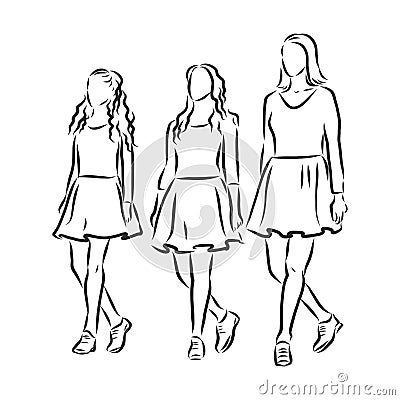 Irish Dance Troupe Jumping Together in Traditional Dresses and Ghillies. Irish dancing vector sketch illustration Stock Photo