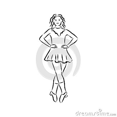 Irish Dance Troupe Jumping Together in Traditional Dresses and Ghillies. Irish dancing vector sketch illustration Stock Photo