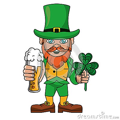 Irish elf with beer and clover cartoon Vector Illustration