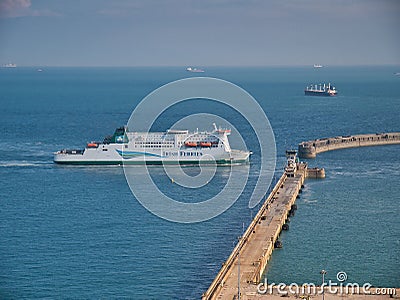 An Irish Ferries cross channel ferry approaches the entrance to the Port of Dover. Editorial Stock Photo