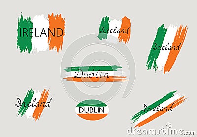 Irish flag set with handwritten lettering Ireland and Dublin. Brush stroked national country design element set. Capital city Stock Photo