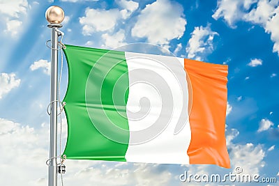 Irish flag waving in blue cloudy sky, 3D Stock Photo