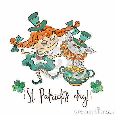 Irish girl with a cat postcard for St. Patrick`s day. Vector Stock Photo