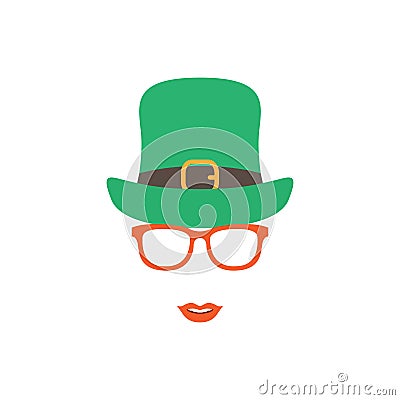 Irish girl in green hat and orange glasses. Vector Illustration