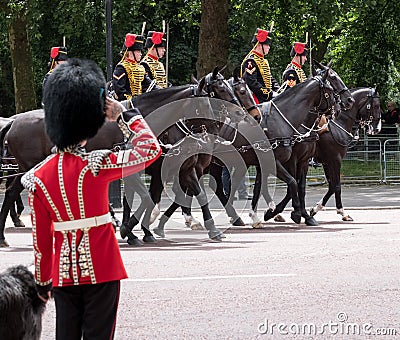 Irish Guard salutes as Household Cavalry pass in front at Trooping Colour parade, London UK Editorial Stock Photo