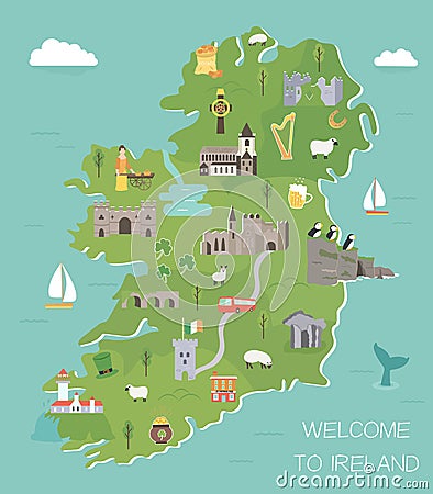 Irish map with symbols of Ireland, destinations Vector Illustration