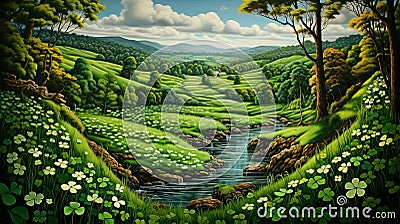 Irish Nature. Tranquil Green Hills, Meadows, Fields, and Lakes with St. Patricks Day Symbols. Stock Photo