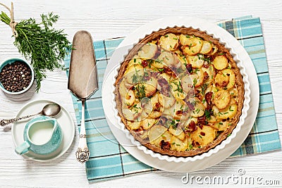 Irish potato pie with bacon in baking dish Stock Photo
