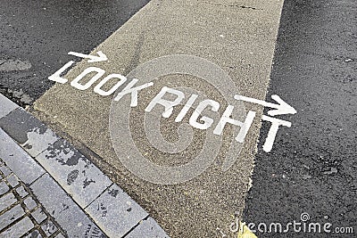 Irish road signage telling foreign tourists to look right Stock Photo
