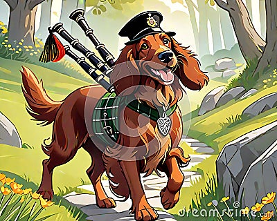 Irish setter puppy bagpipes music trail Cartoon Illustration